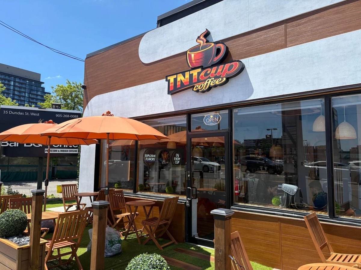 TNT Cup Coffee storefront and signage in Mississauga