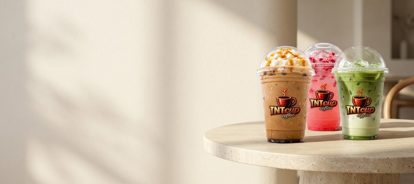 Three iced TNT Cup Coffee drinks: an iced latte, a strawberry refresher and a caramel frappe