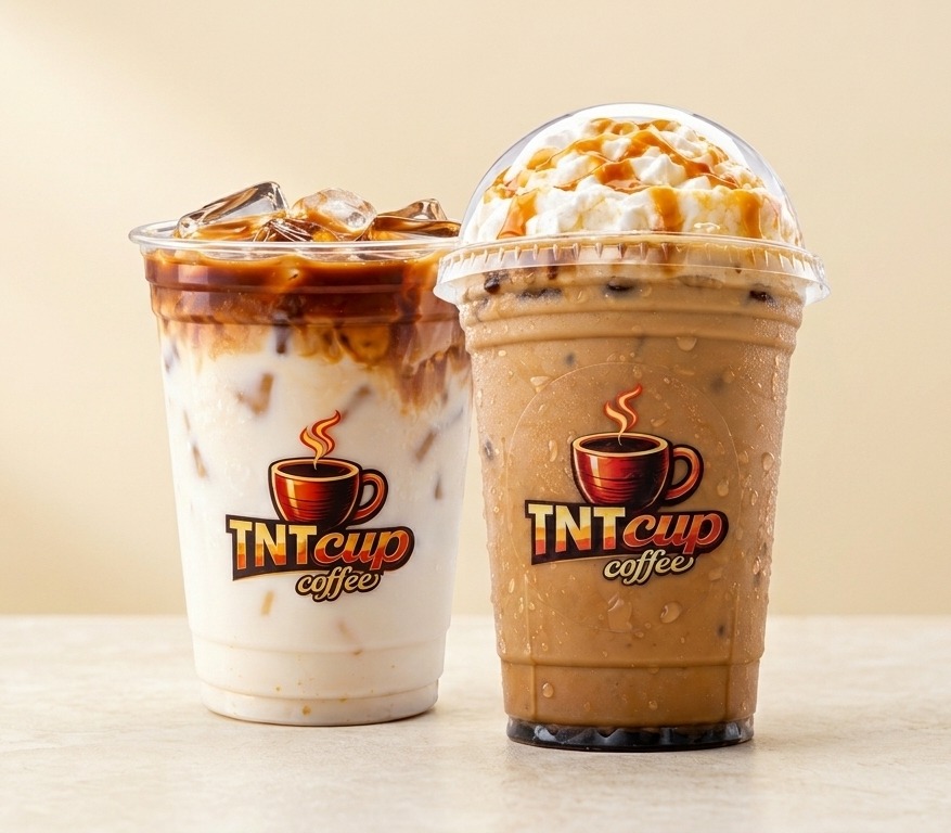 Iced caramel latte and frappe in TNT Cup Coffee cups
